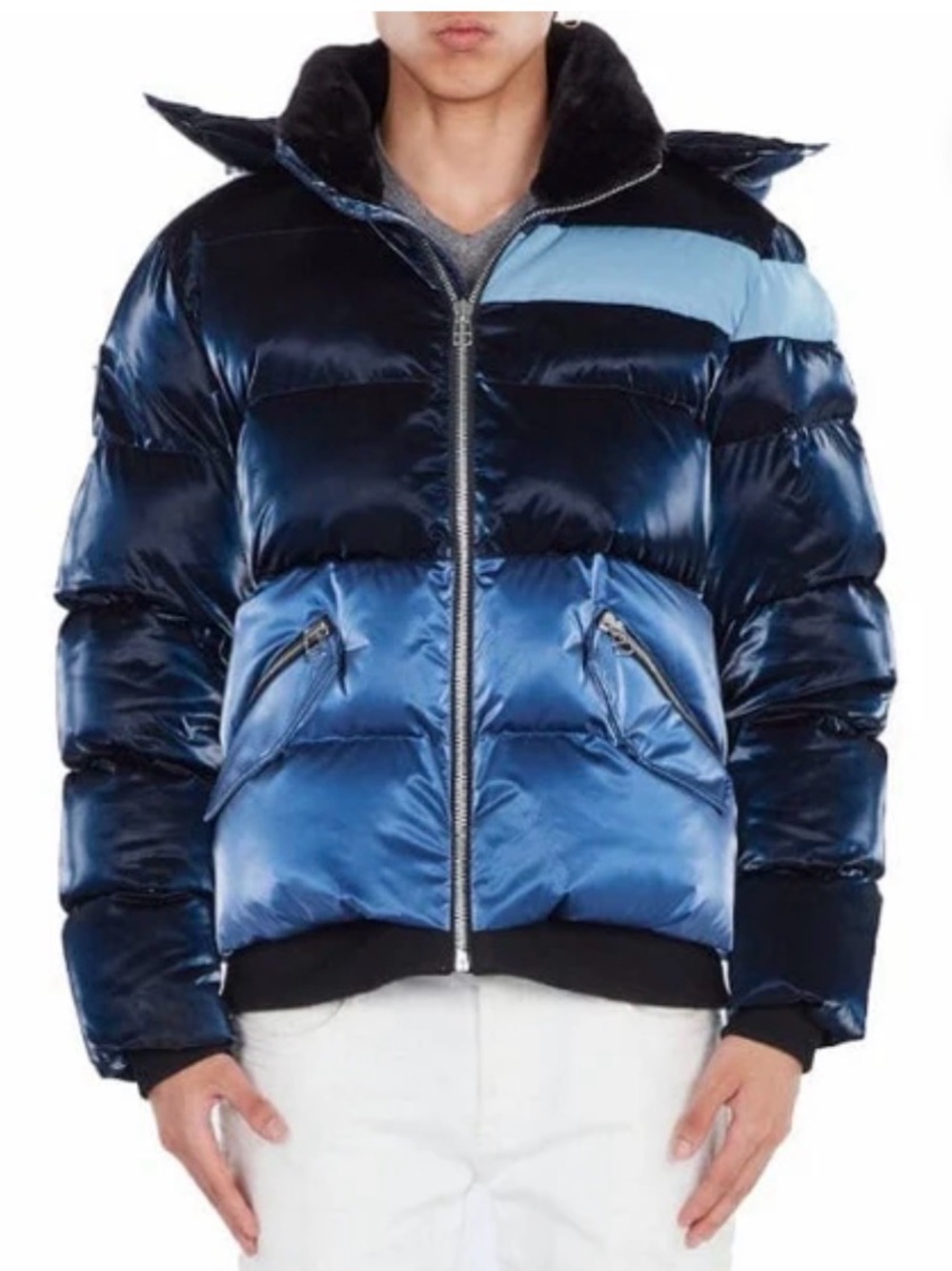 Men's Blue Colorblock Shiny Puffer